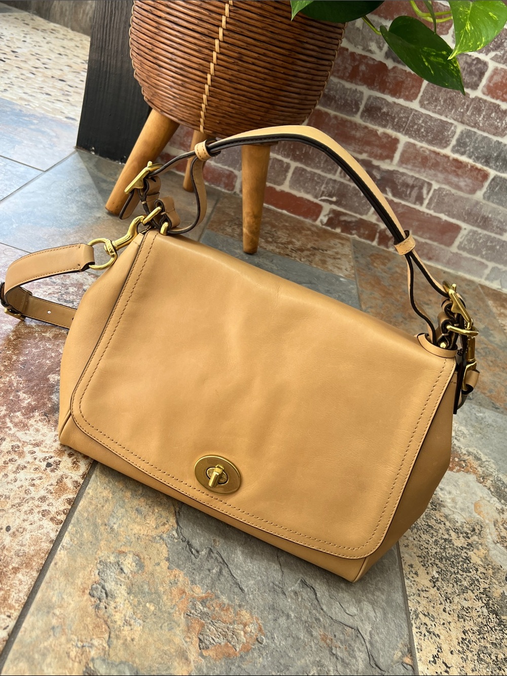 Coach Tan Leather Shoulder Bag with Gold Hardware